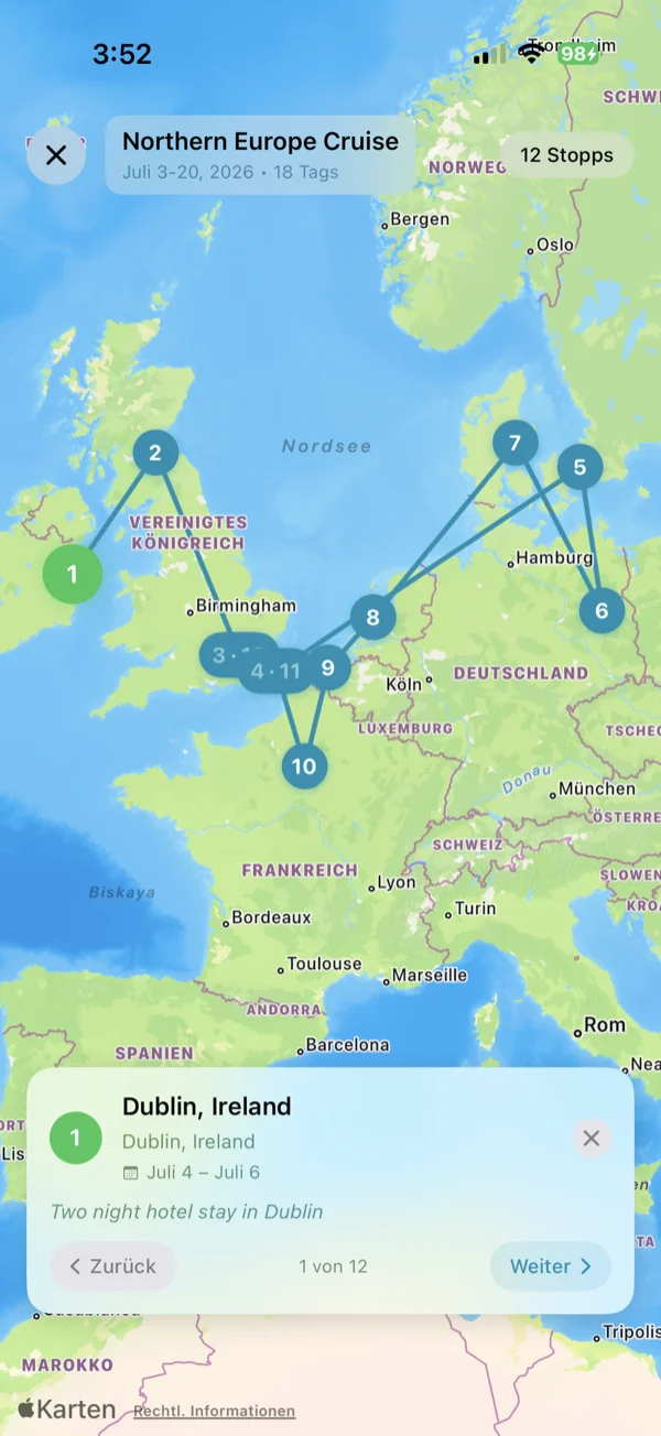 Bildschirm „Reiseroutenkarte“.