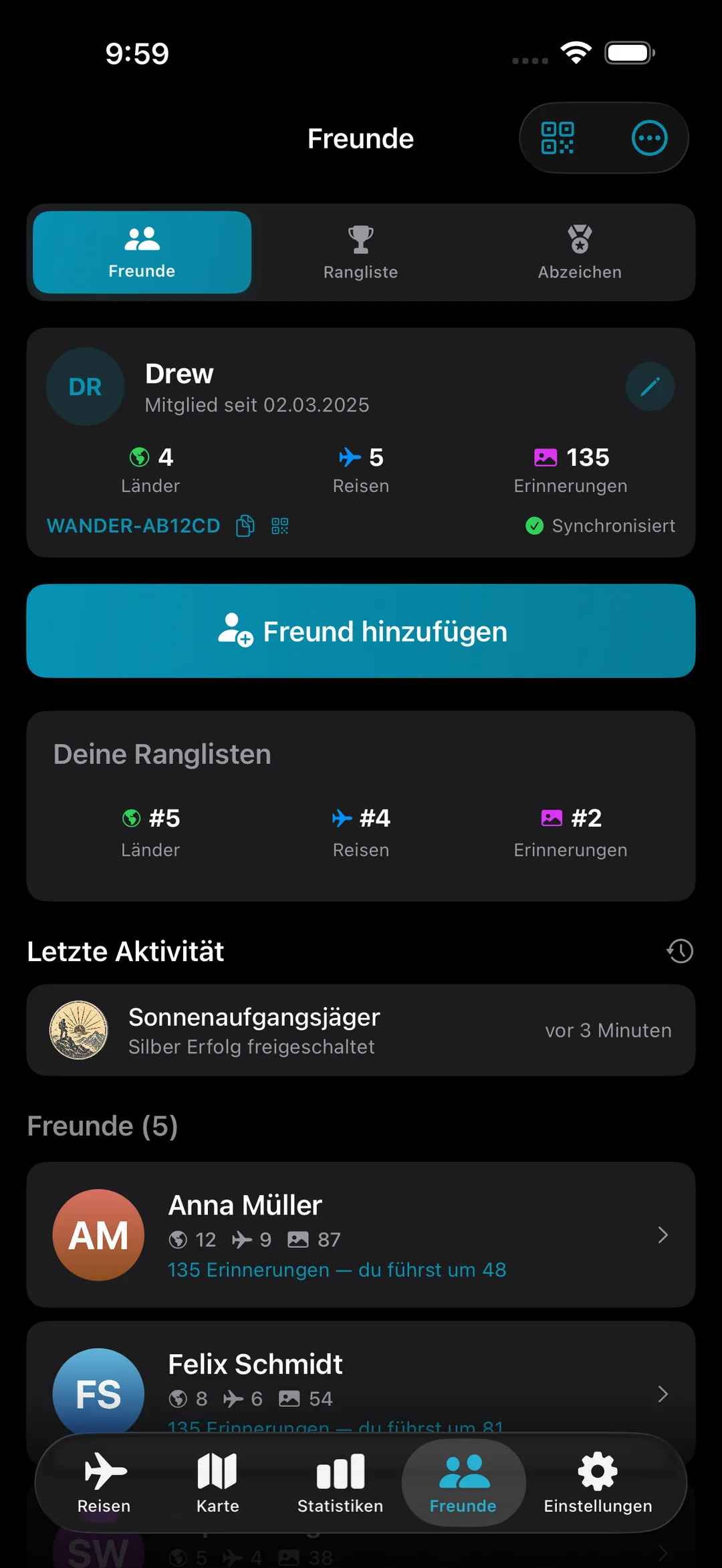 Freundesprofil mit Ranglisten, aktuellen Erfolgsaktivitäten und verbundenen Reisenden