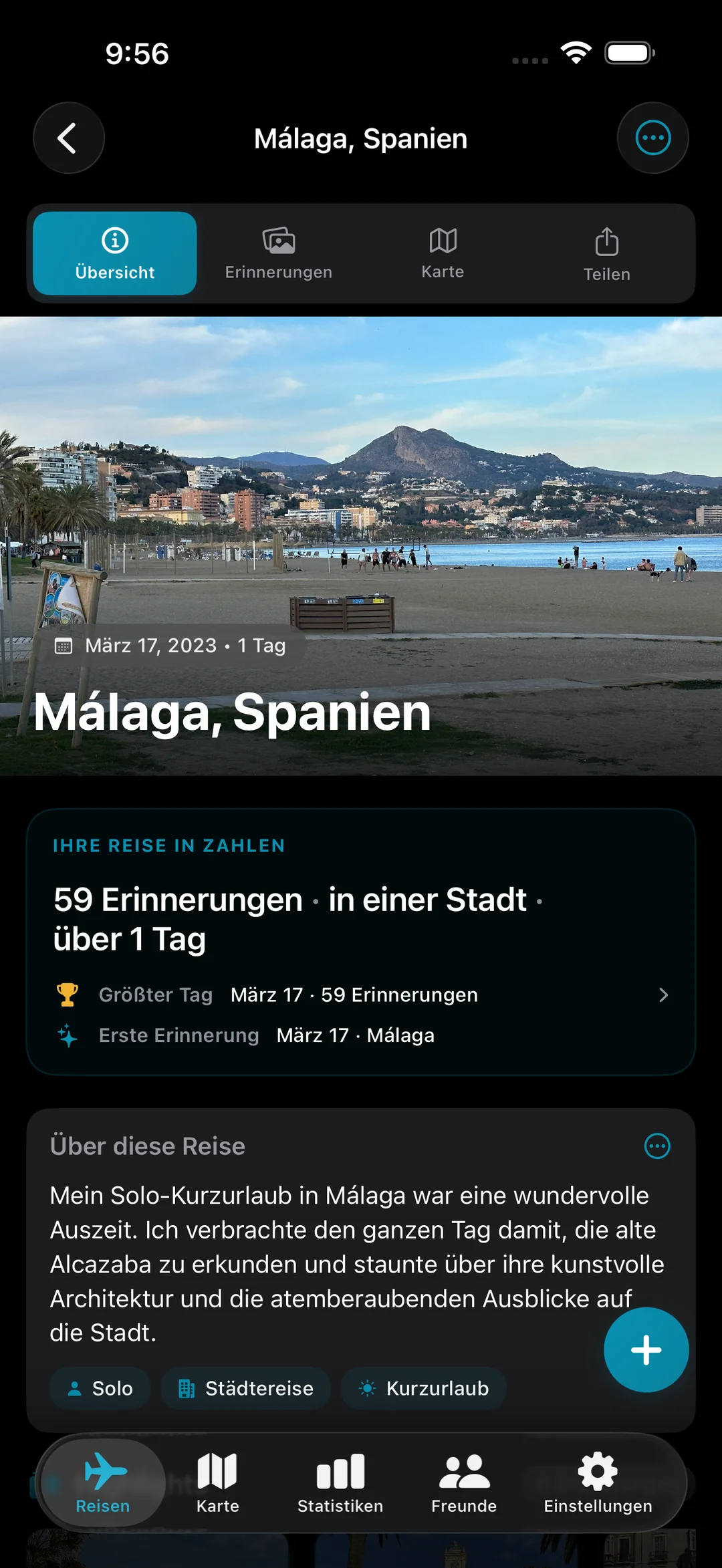 Reiseübersicht für Málaga, Spanien mit 59 Erinnerungen in einer Stadt, mit Heldenfoto und Zusammenfassung von „Trip in Numbers“.
