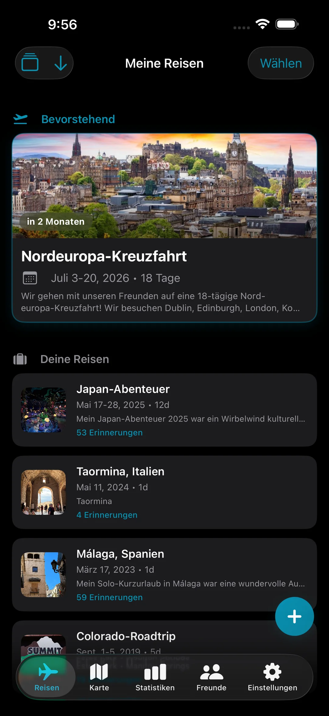 Meine Reiseliste mit einer bevorstehenden Nordeuropa-Kreuzfahrt und früheren Reisen nach Japan, Italien und Spanien