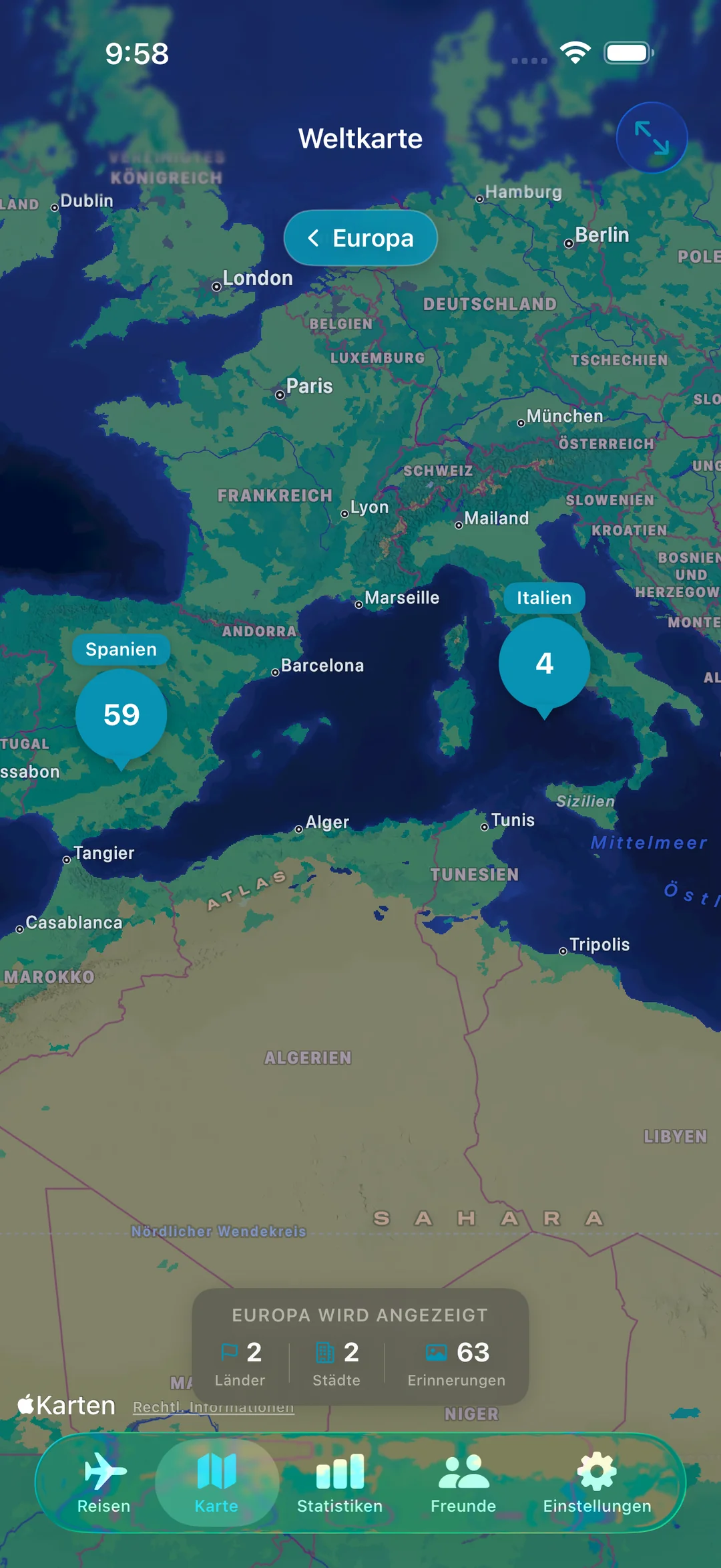 Die Weltkarte ist bis nach Europa aufgeschlüsselt und zeigt 59 Erinnerungen in Spanien und 4 in Italien mit Länder- und Städtezählung