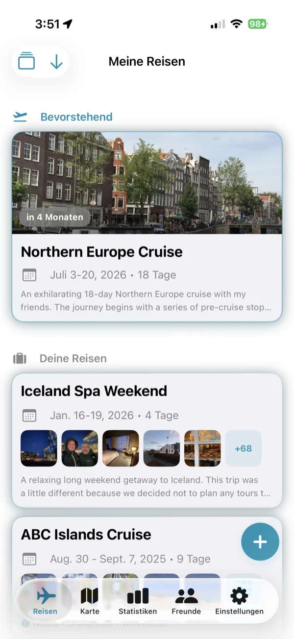 Bildschirm mit der Liste der Reisen