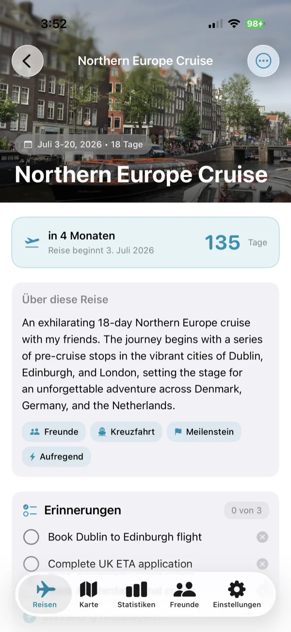 Bildschirm mit den Details der bevorstehenden Reise