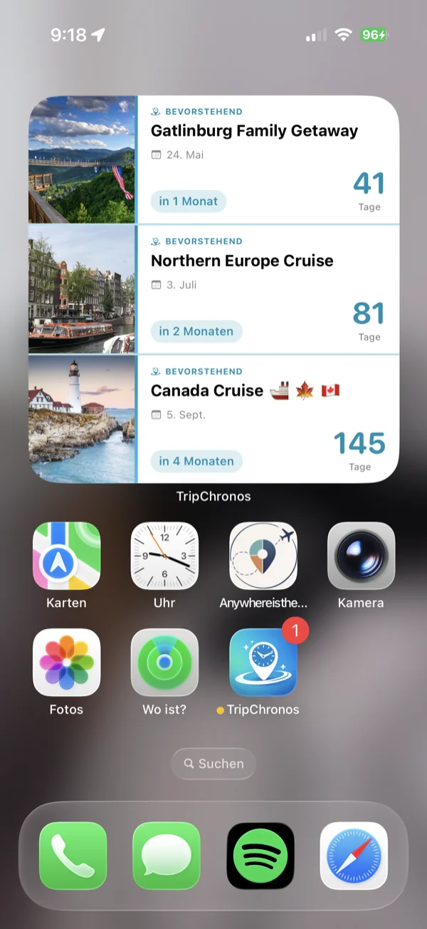 Großes Reise-Countdown-Widget, das auf dem Startbildschirm angezeigt wird