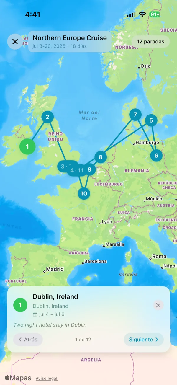 Pantalla de mapa de itinerario