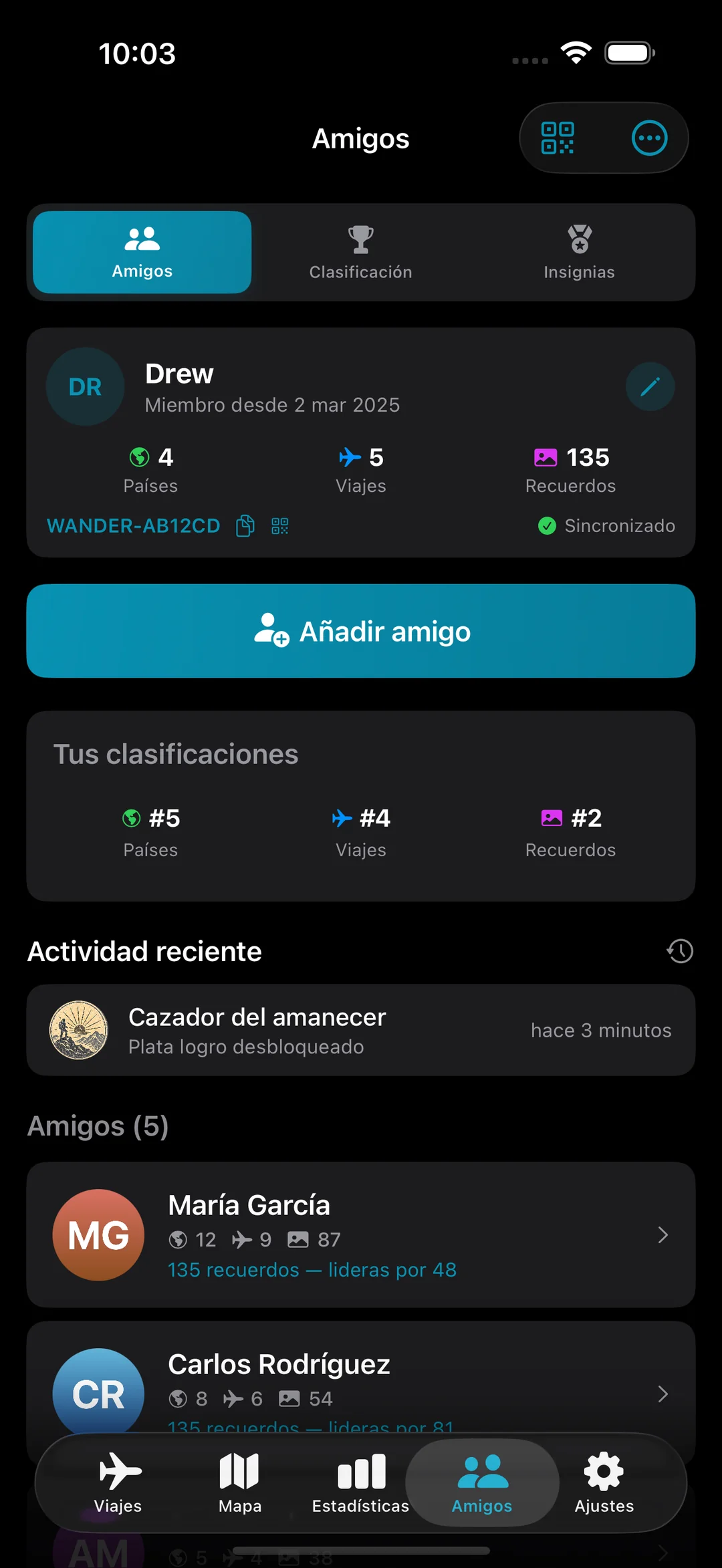 Perfil de amigos con clasificaciones, actividad de logros recientes y viajeros conectados