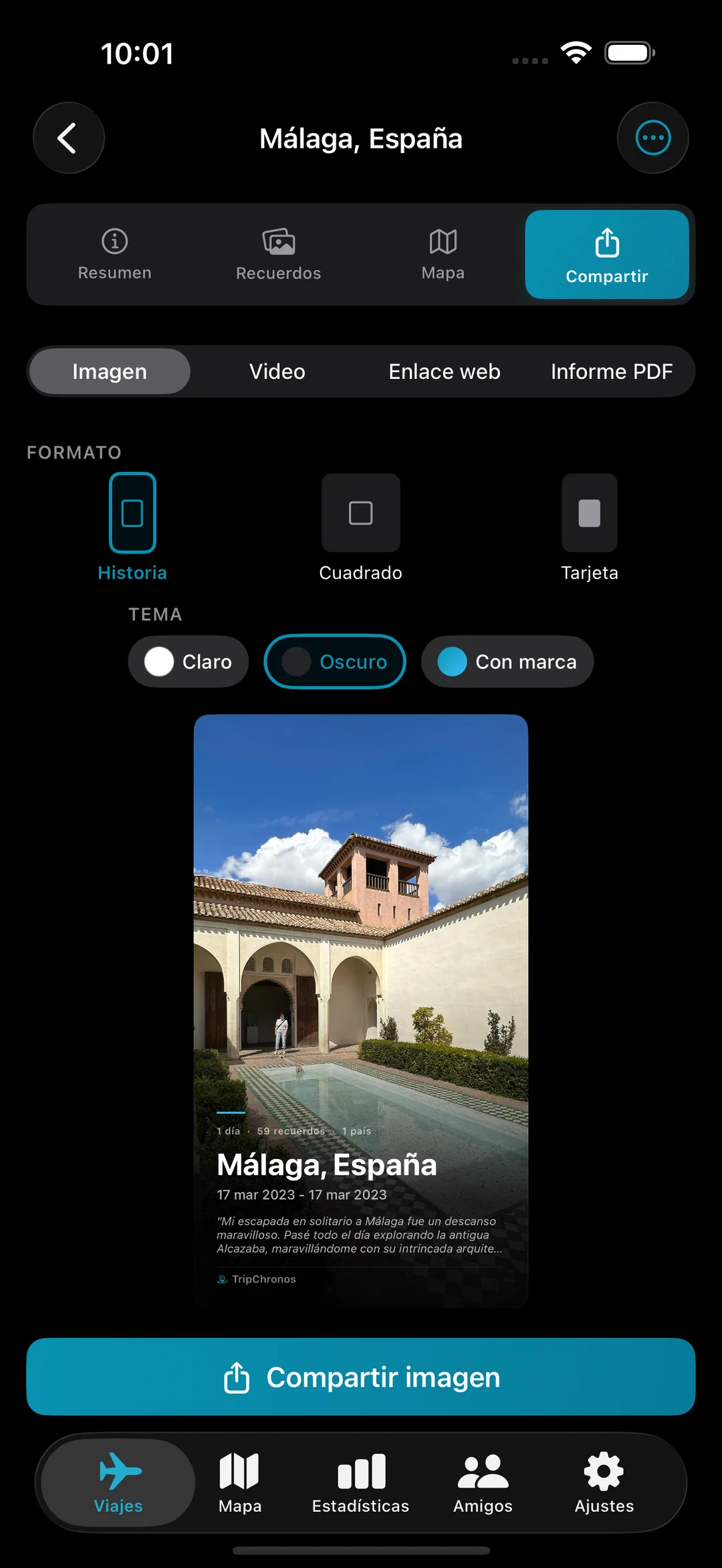 Compartir pantalla con opciones de video, enlace web e informe en PDF