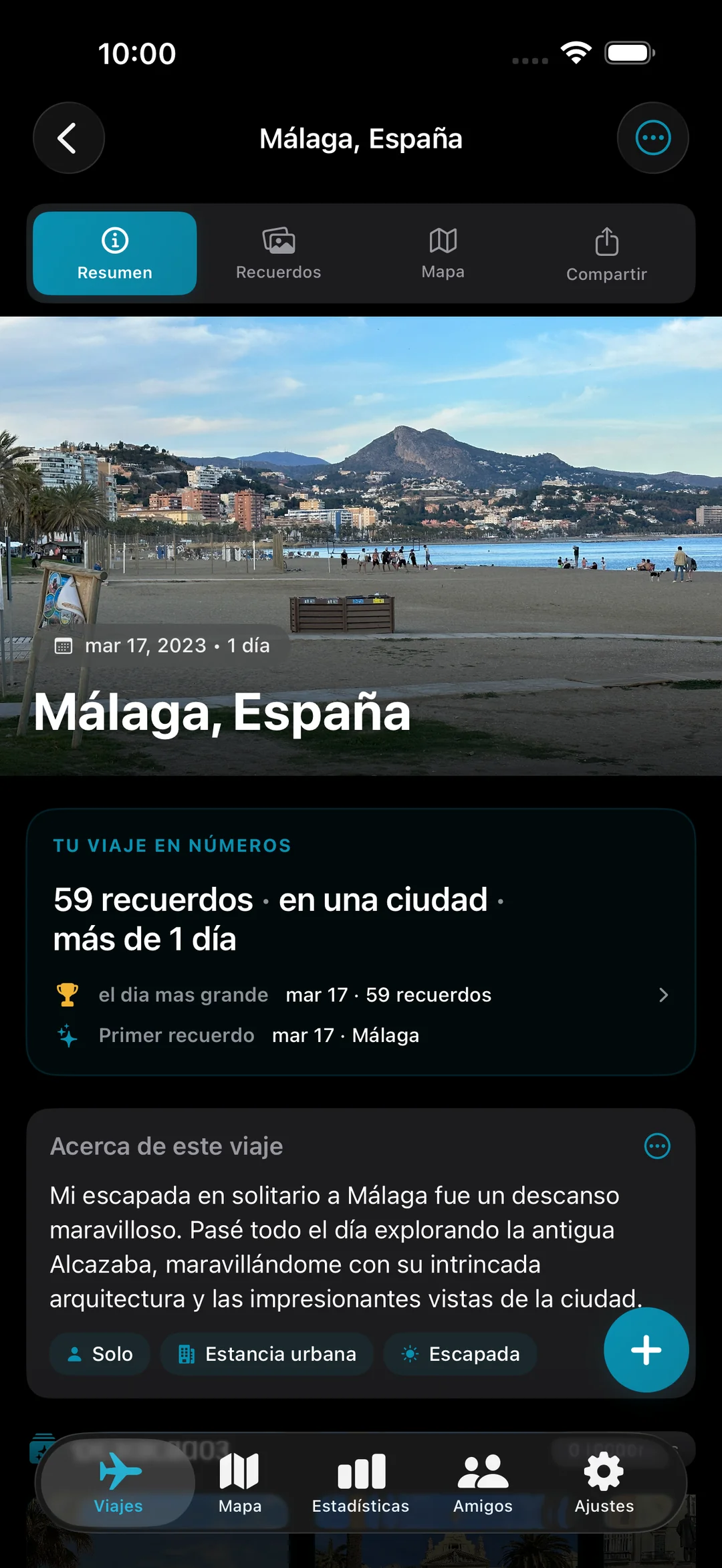 Resumen del viaje a Málaga, España, que muestra 59 recuerdos en una ciudad, con una foto destacada y un resumen del viaje en números