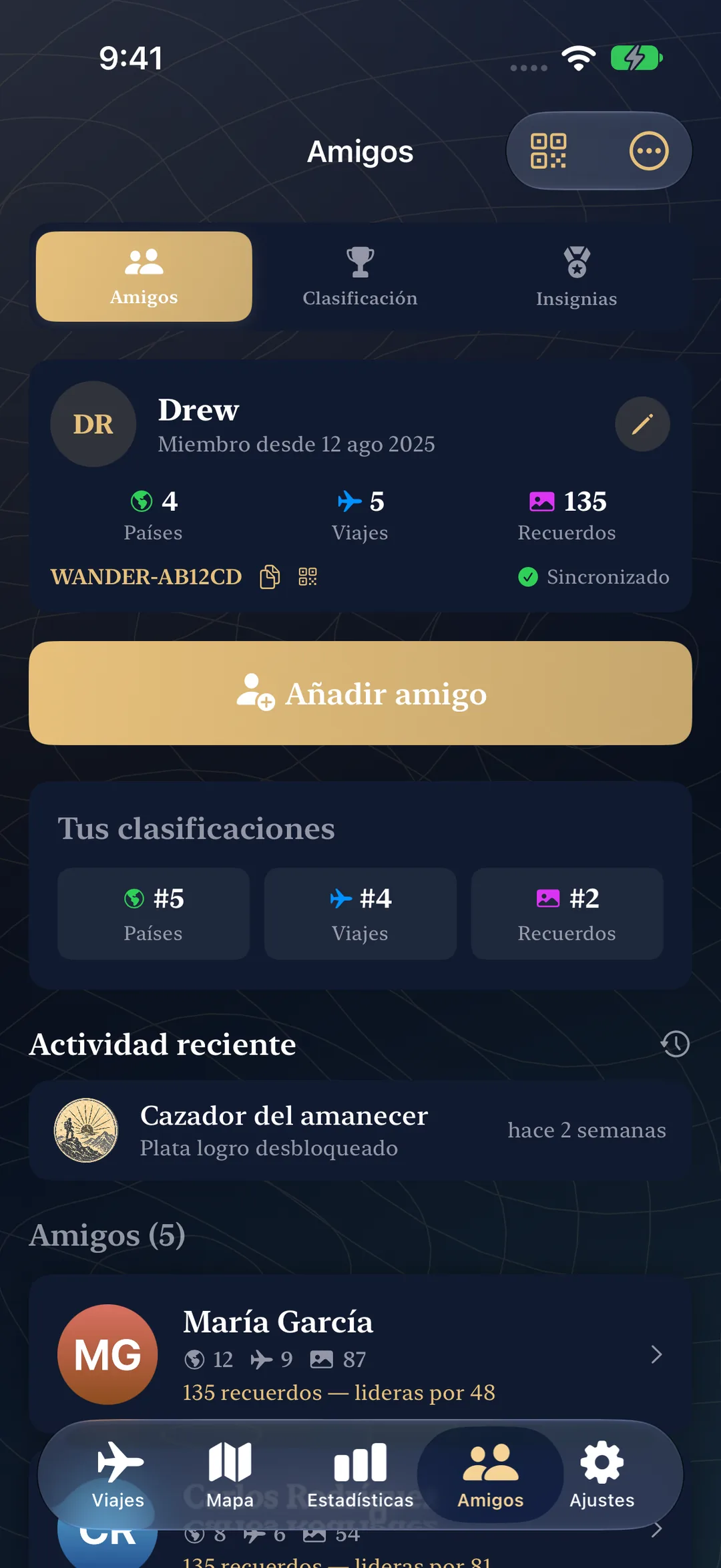 Perfil de amigos con clasificaciones, actividad de logros recientes y viajeros conectados