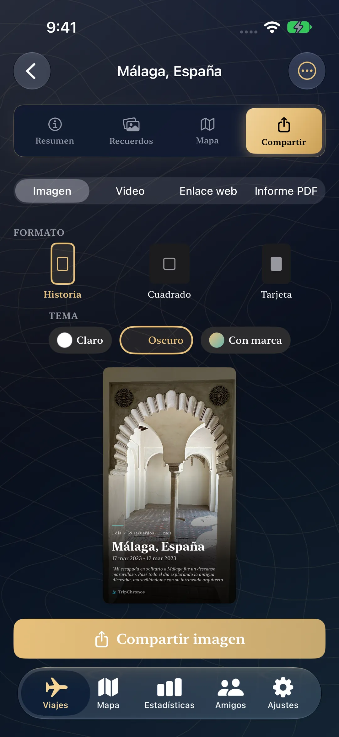Compartir pantalla con opciones de video, enlace web e informe en PDF