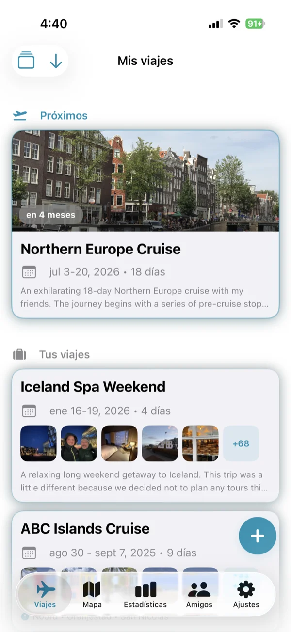 Pantalla de lista de viajes