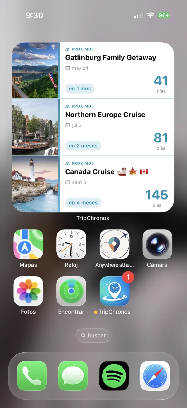 Widget grande de cuenta regresiva de viaje que se muestra en la pantalla de inicio iPhone