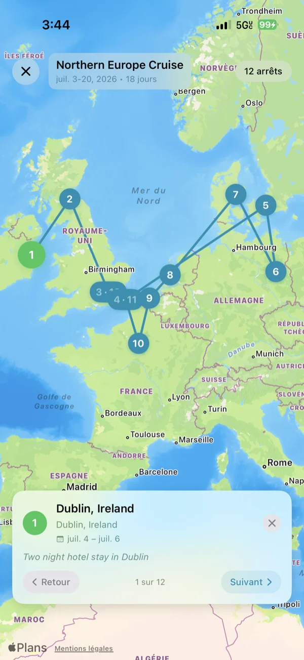 Écran Carte d'itinéraire