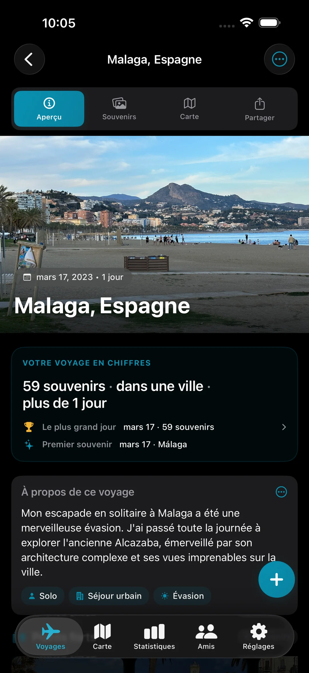 Aperçu du voyage à Malaga, Espagne montrant 59 souvenirs dans une ville, avec photo du héros et résumé de Trip in Numbers