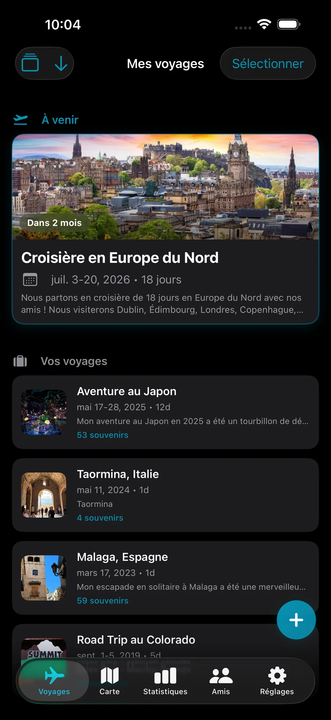 Liste de mes voyages avec une prochaine croisière en Europe du Nord et des voyages passés au Japon, en Italie et en Espagne