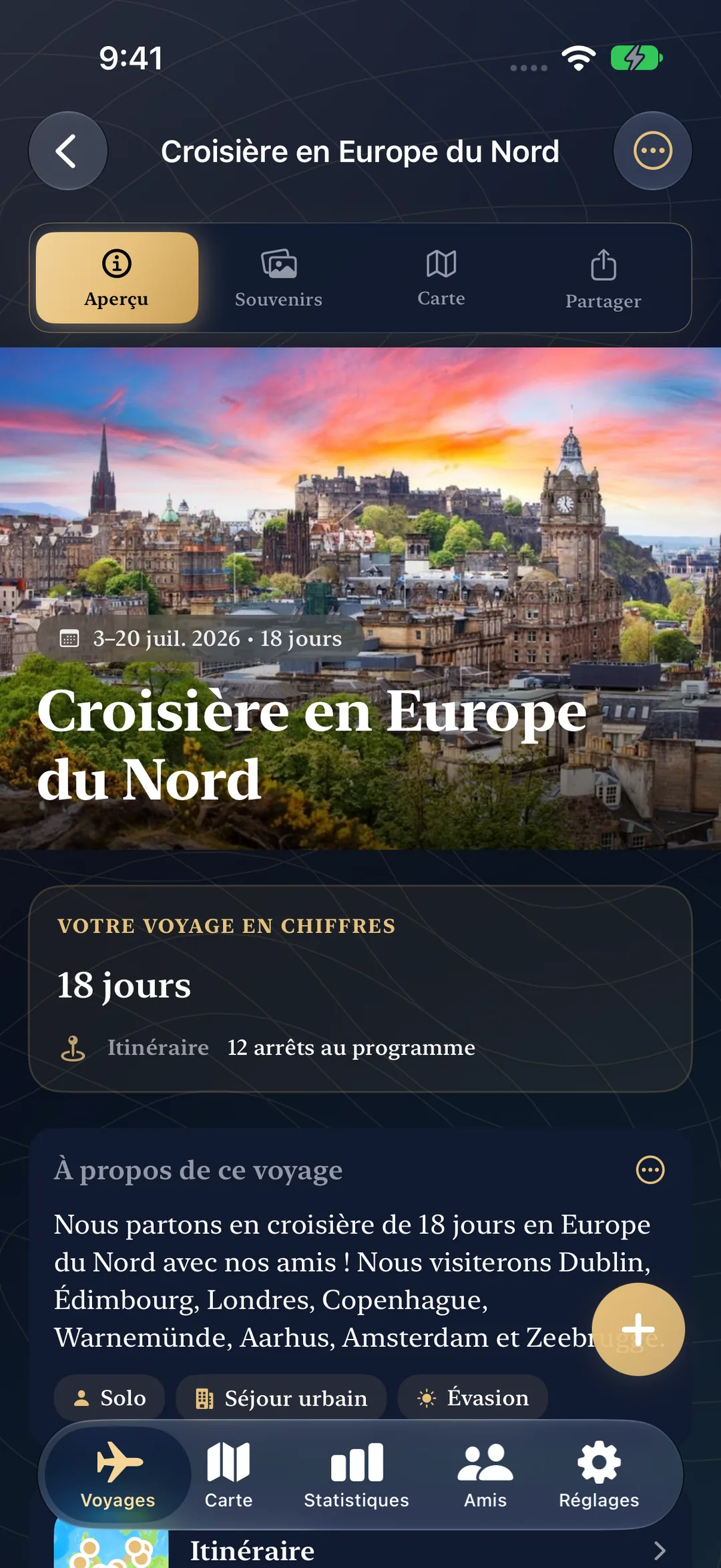 Une croisière en Europe du Nord à venir, avec ses dates, 18 jours et 12 étapes prévues