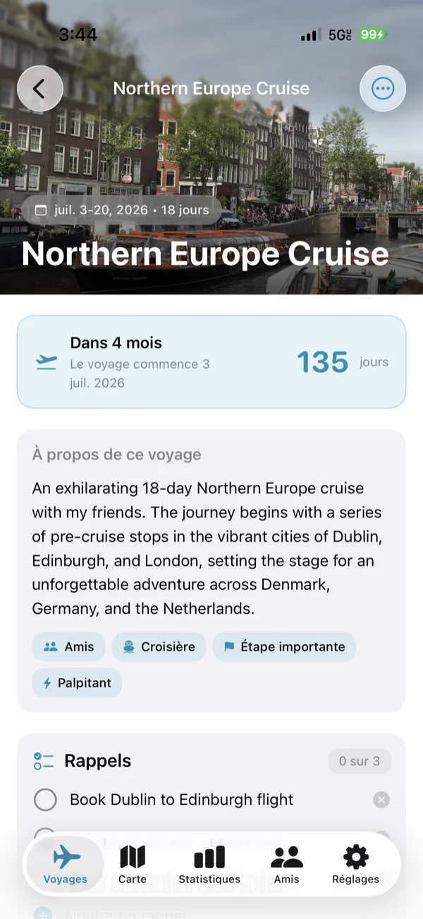 Écran Détails du voyage à venir