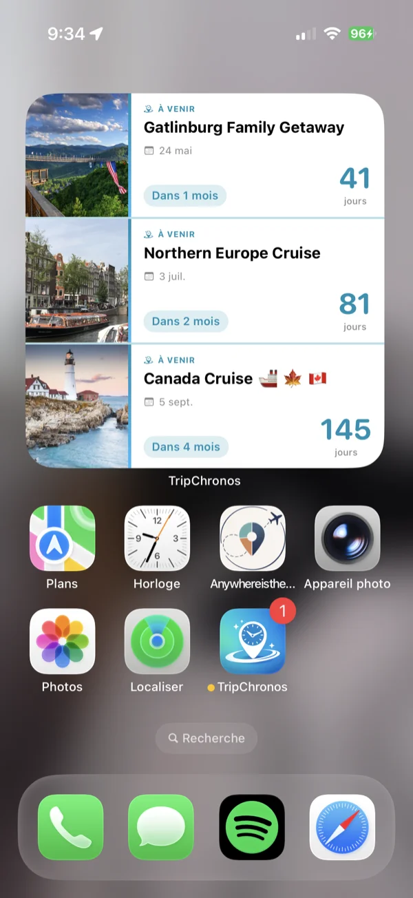 Grand widget Compte à rebours du voyage affiché sur l'écran d'accueil iPhone