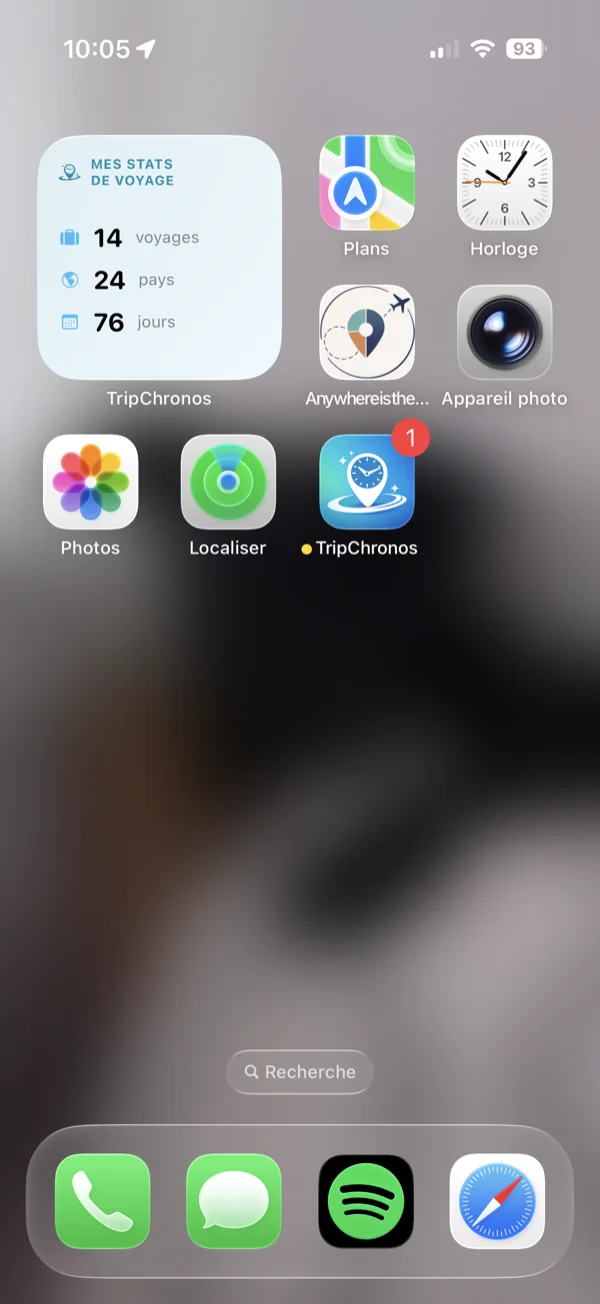 Petit widget Mes statistiques de voyage affiché sur l'écran d'accueil iPhone