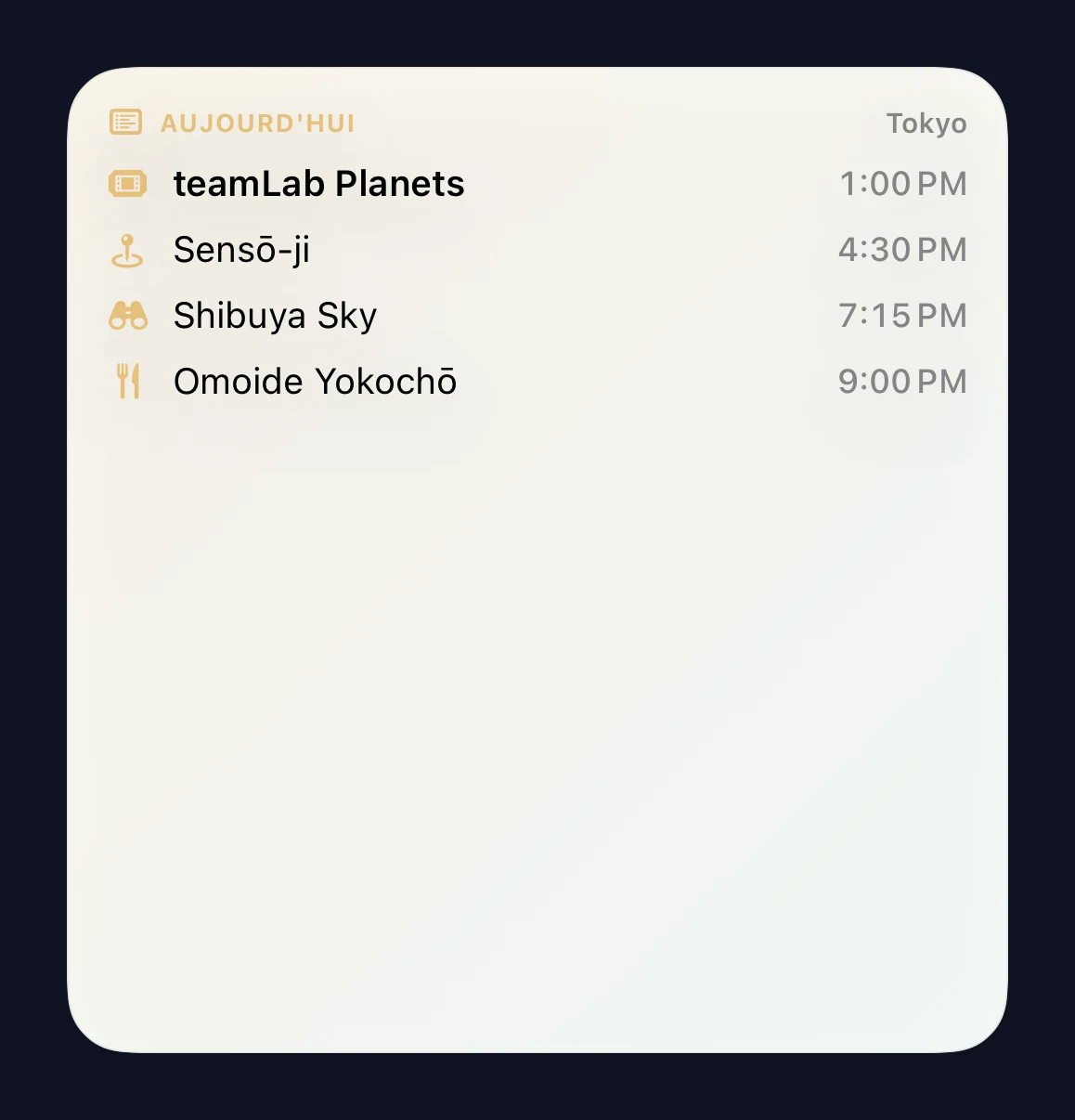 Grand widget Programme du jour listant toute la journée