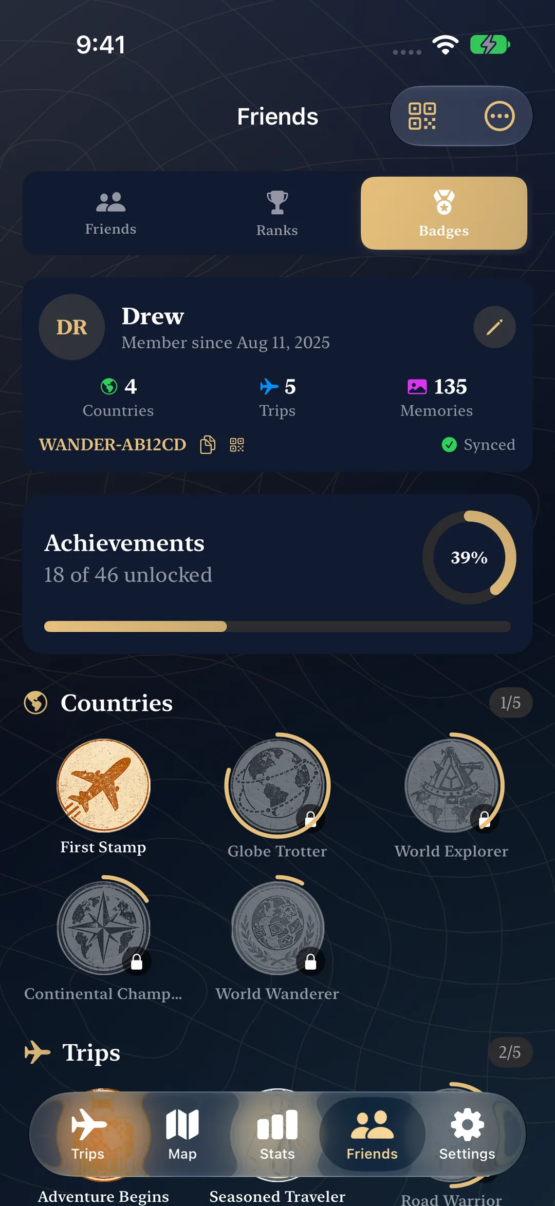 Achievements badge wall with 18 of 46 unlocked, showing Countries and Trips tier progressions