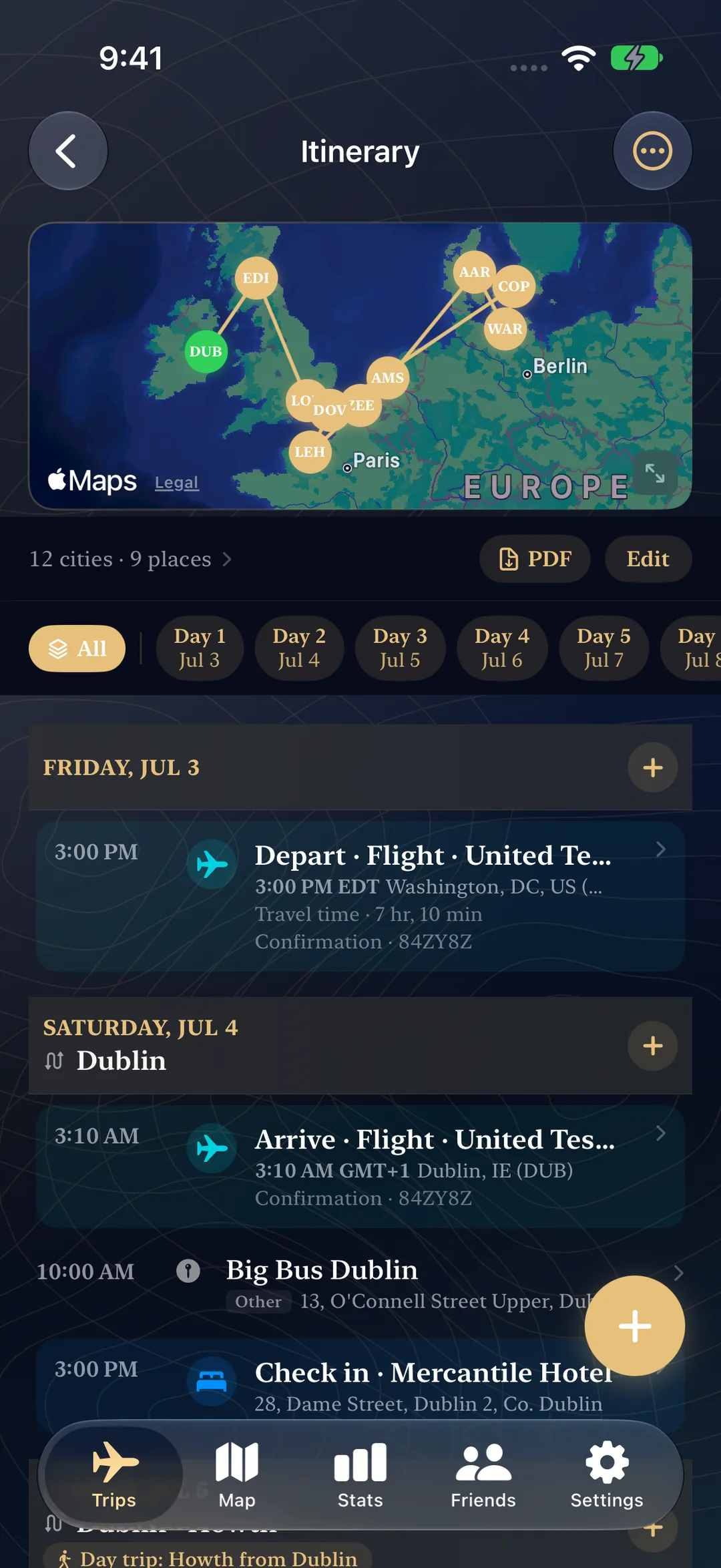 Day-by-day itinerary with flights, a hotel check-in, and a route map