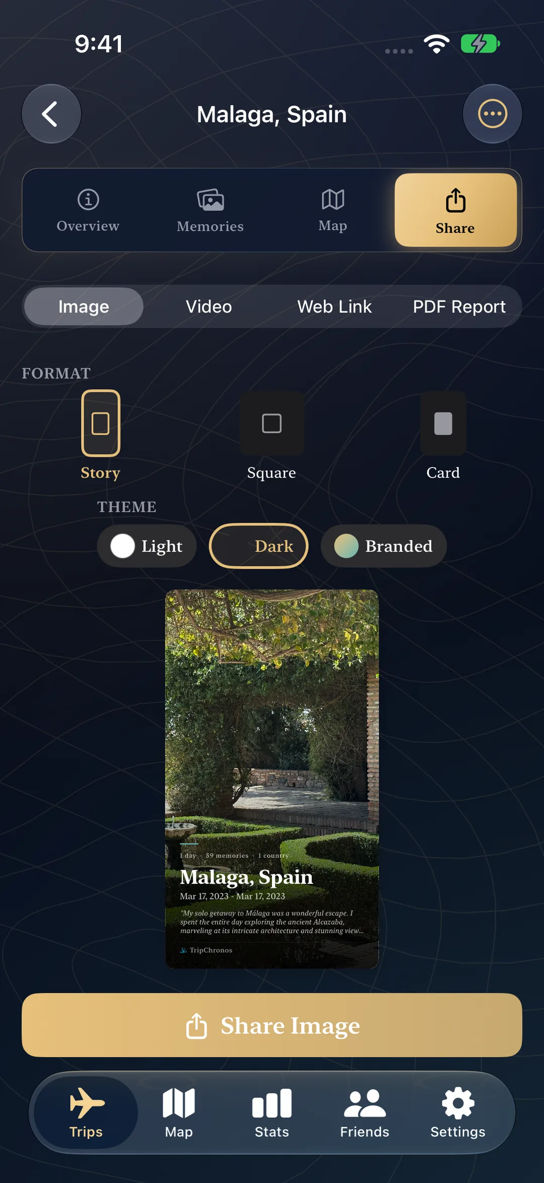 Share screen with options for video, web link, and PDF report