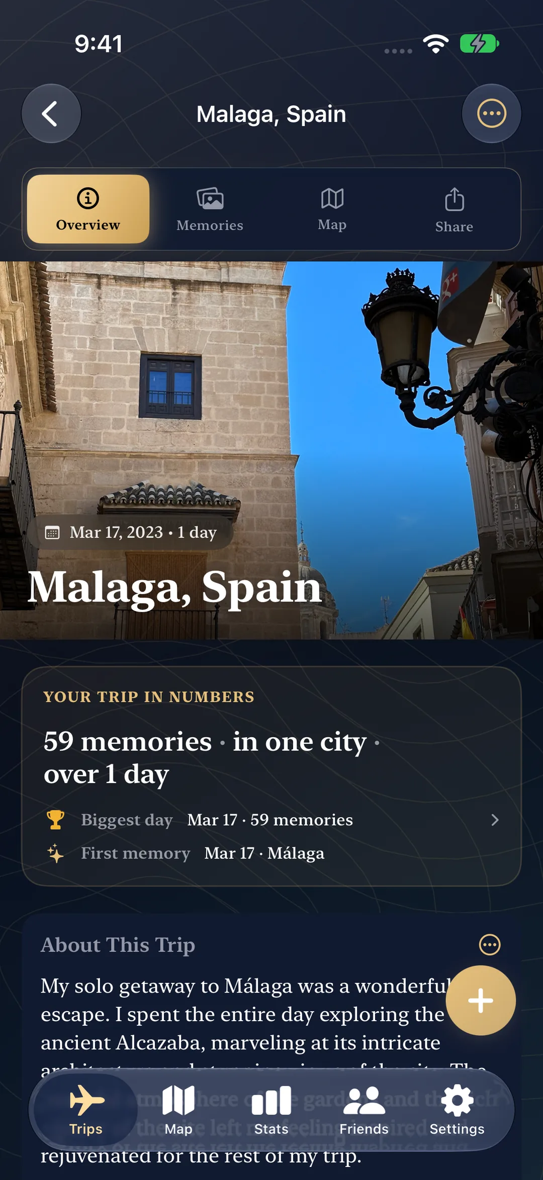 Trip overview for Málaga, Spain showing 59 memories in one city, with hero photo and Trip in Numbers summary