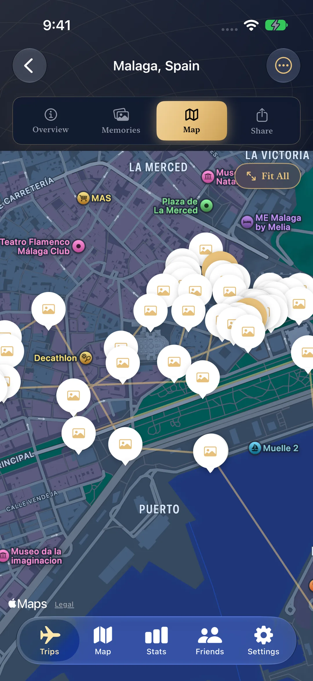 Trip Map for Málaga with photo memory pins clustered along the streets you walked