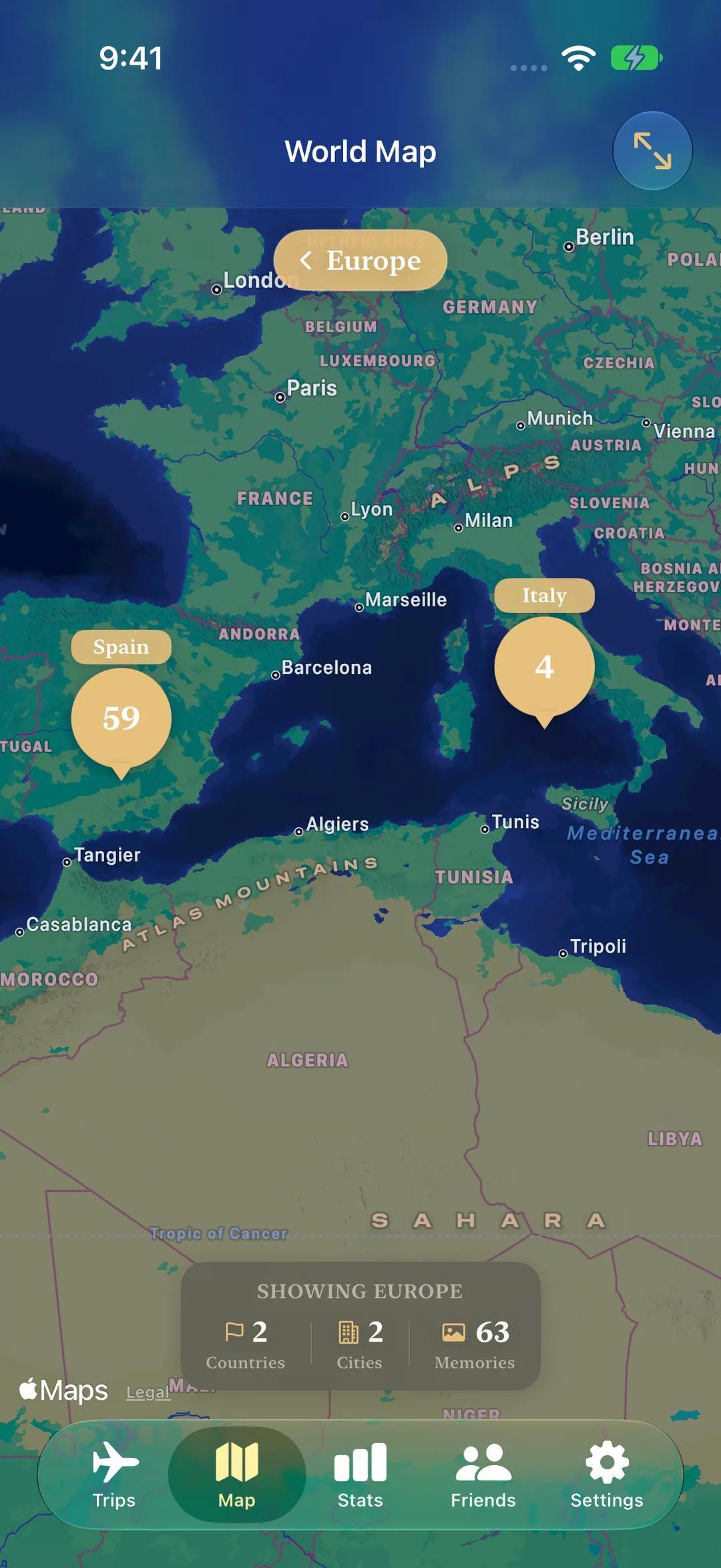World Map drilled down to Europe showing 59 memories in Spain and 4 in Italy with country and city counts