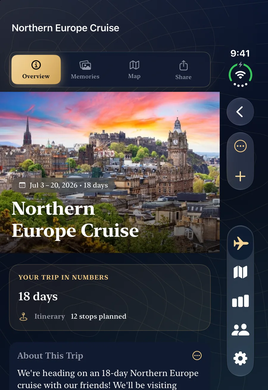 TripChronos on a closed iPhone Duo, showing a trip overview on the outer display