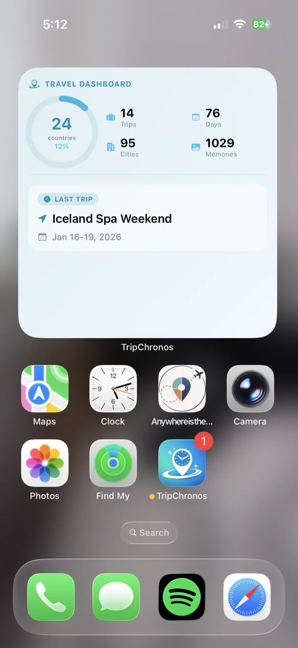 Travel Dashboard large widget shown on iPhone home screen