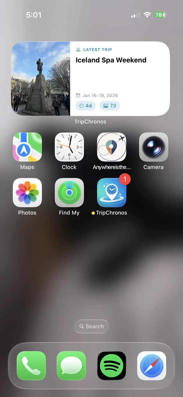 Last Trip medium widget shown on iPhone home screen