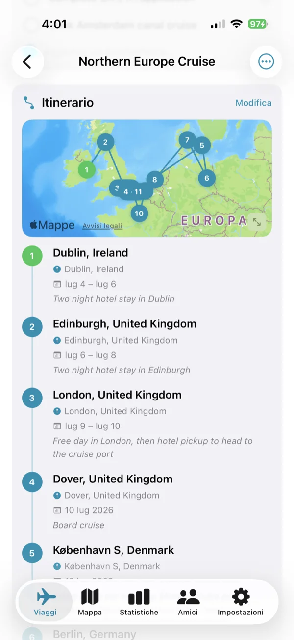 Schermata dell'itinerario
