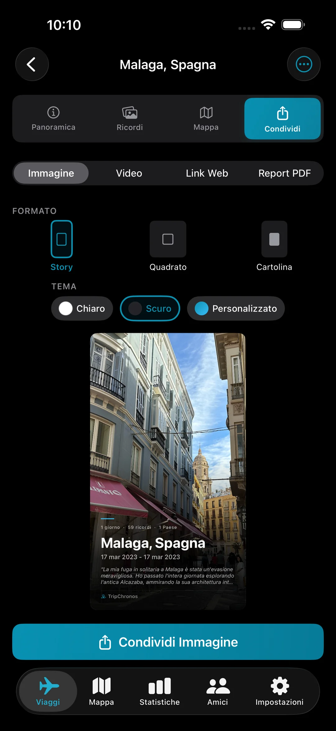 Condividi schermo con opzioni per video, collegamento Web e report PDF