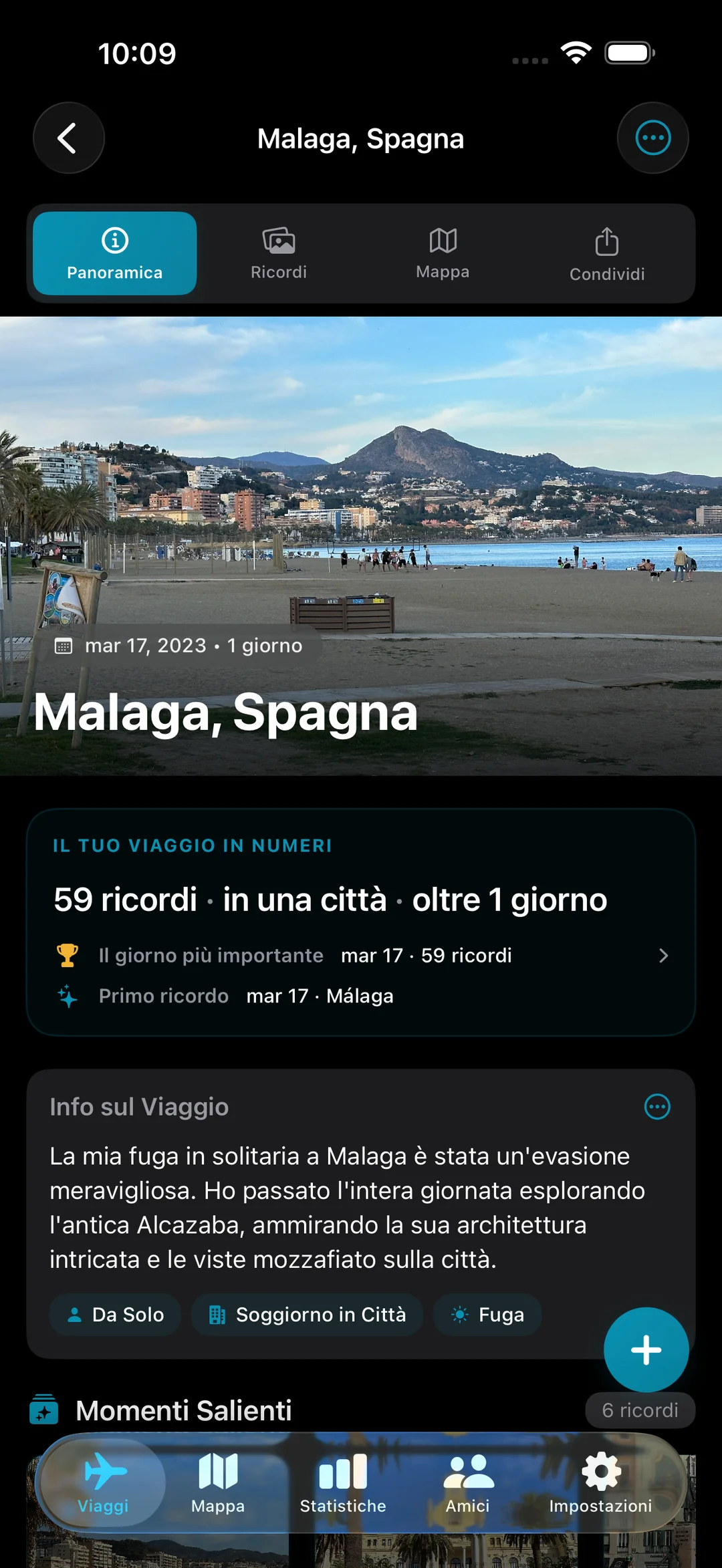 Panoramica del viaggio per Málaga, in Spagna, che mostra 59 ricordi in una città, con foto dell'eroe e riepilogo del viaggio in numeri