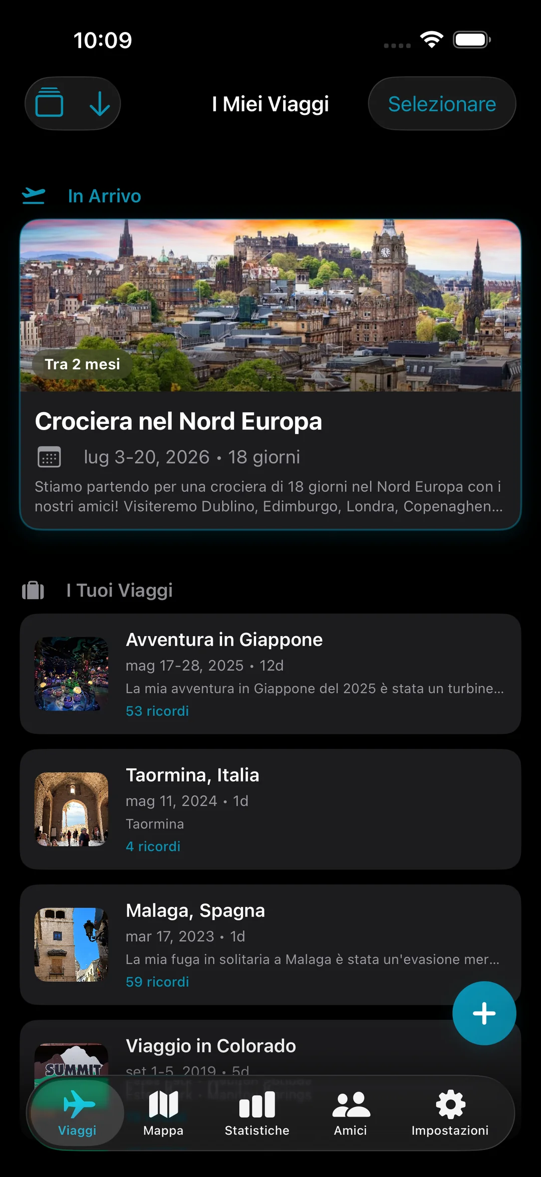 Elenco dei miei viaggi con una prossima crociera nel Nord Europa e viaggi passati in Giappone, Italia e Spagna