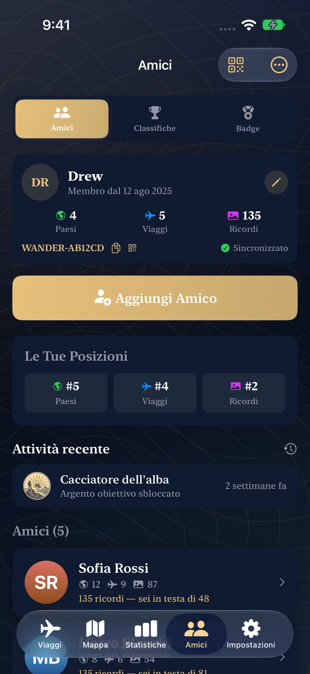 Profilo degli amici con classifiche, attività recenti conseguite e viaggiatori connessi