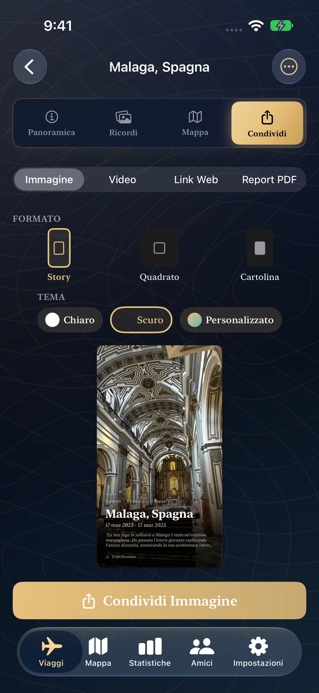Condividi schermo con opzioni per video, collegamento Web e report PDF