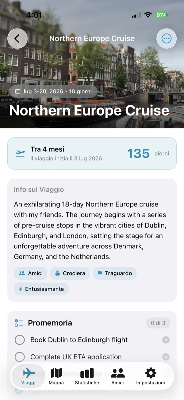 Schermata dei dettagli del viaggio imminente