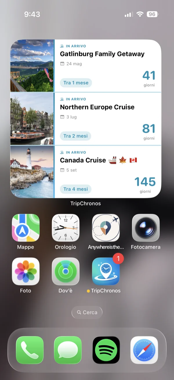 Widget grande per il conto alla rovescia del viaggio mostrato nella schermata principale iPhone