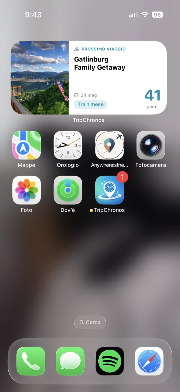 Widget medio Trip Countdown mostrato nella schermata principale iPhone