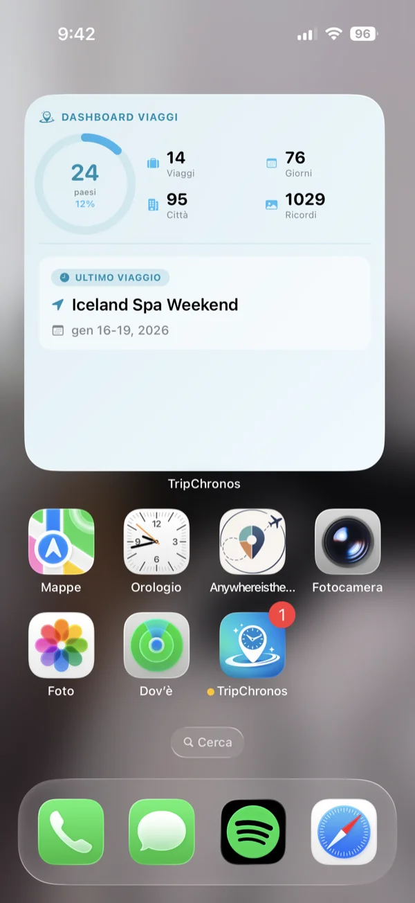 Widget grande della dashboard di viaggio mostrato nella schermata principale iPhone