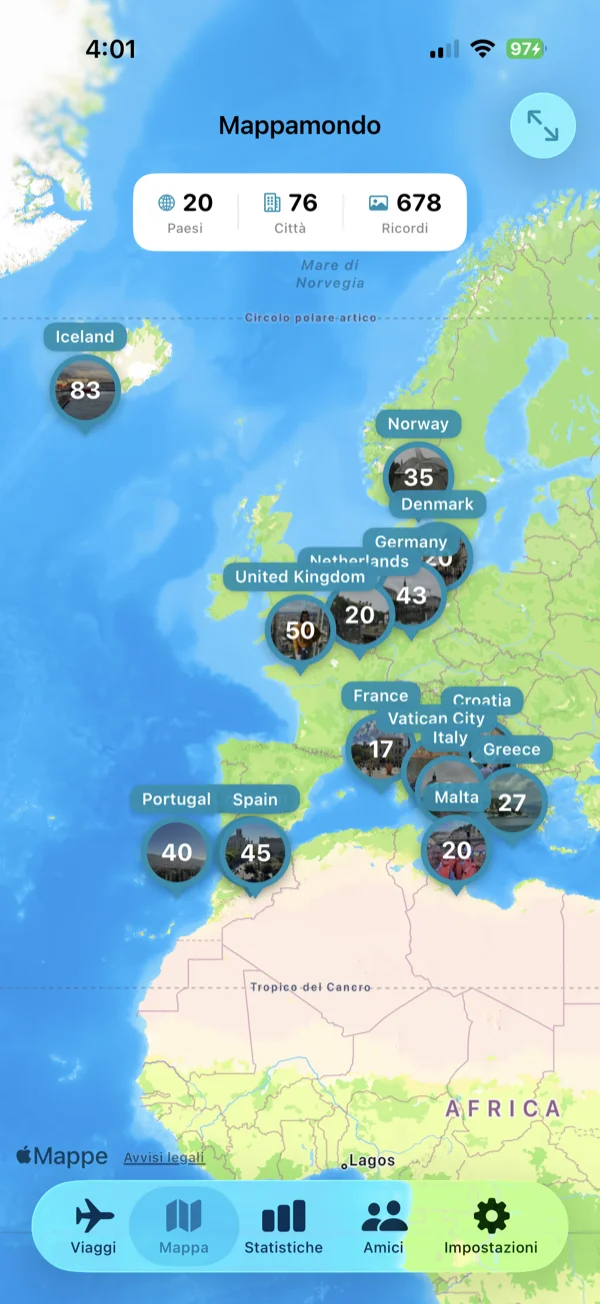 Schermata della mappa del mondo