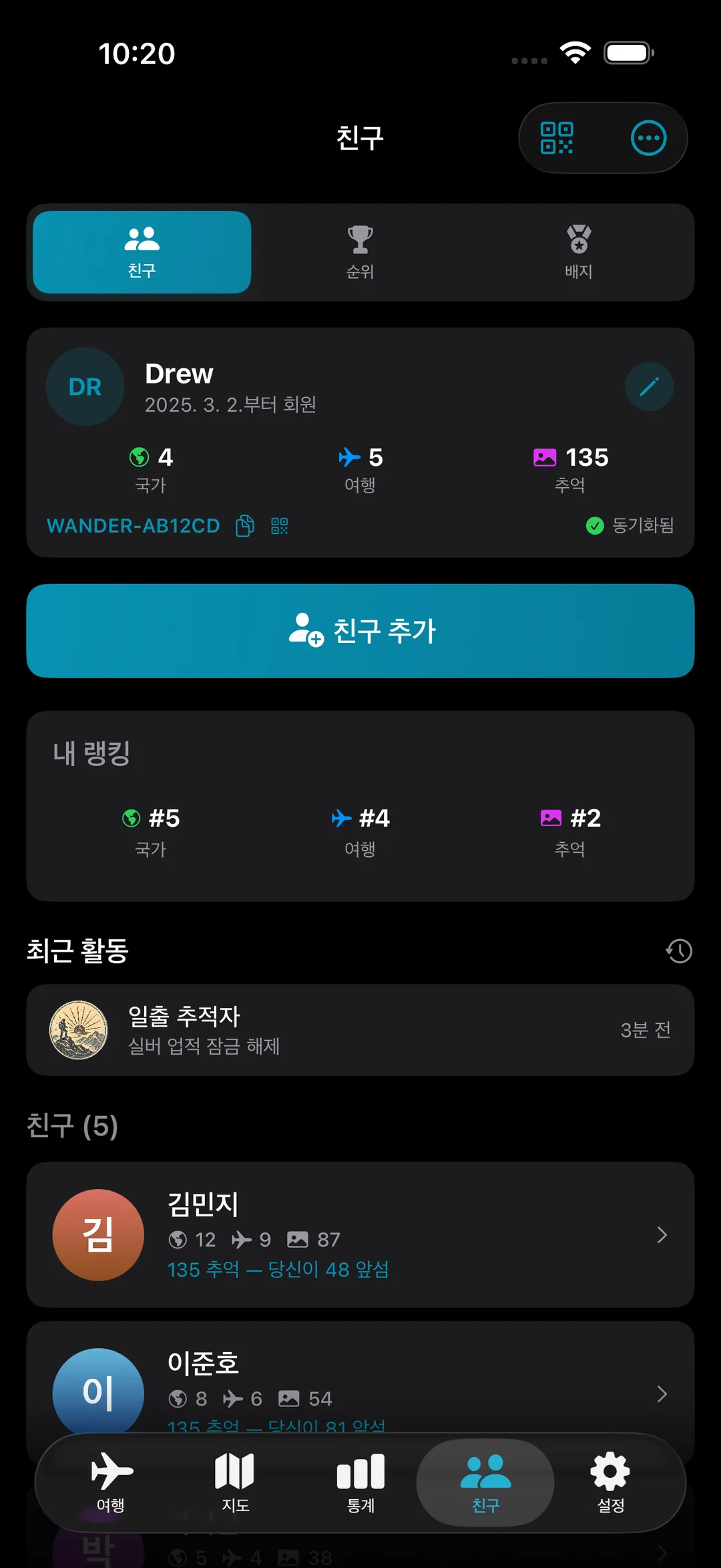 순위, 최근 성과 활동, 연결된 여행자가 포함된 친구 프로필