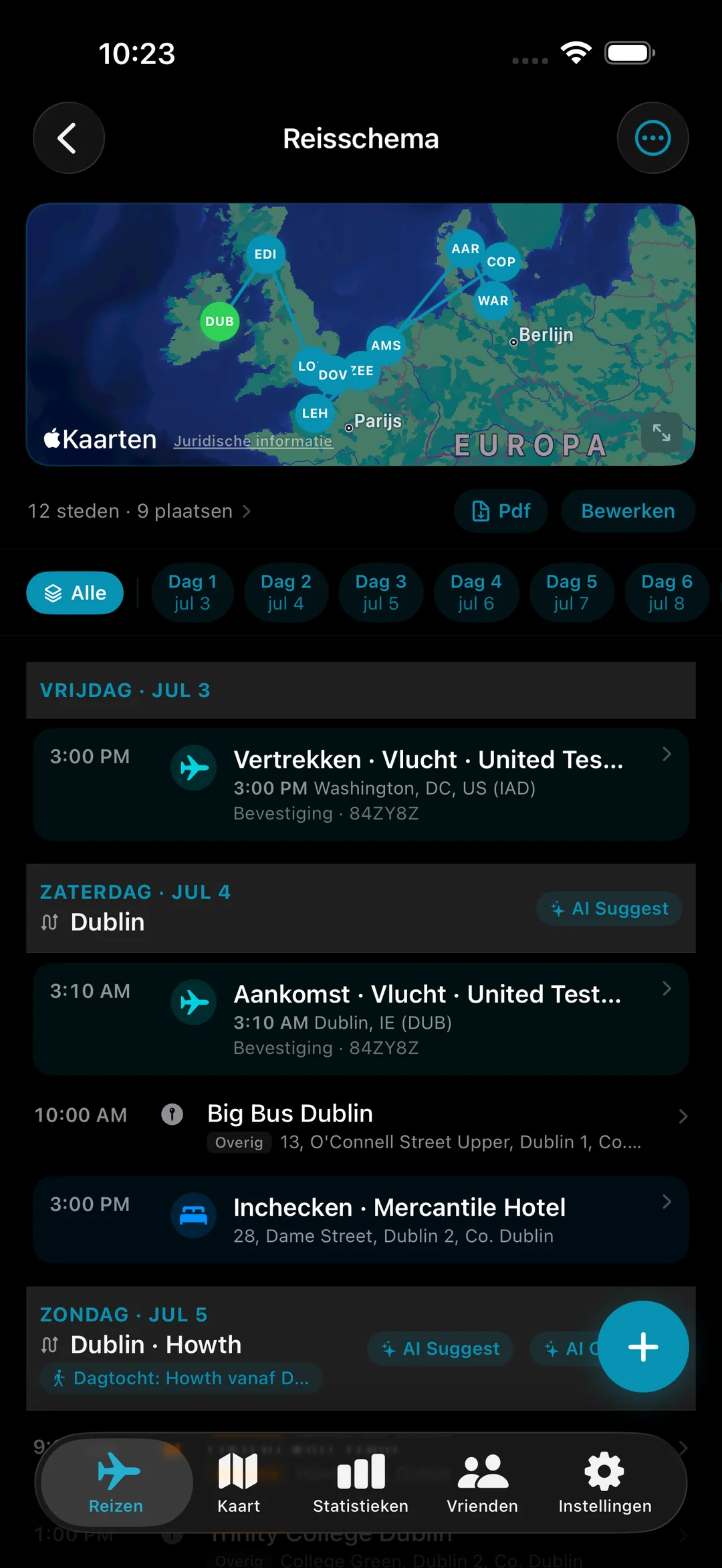 Reisschema van dag tot dag met stops, weer en wandeltijd