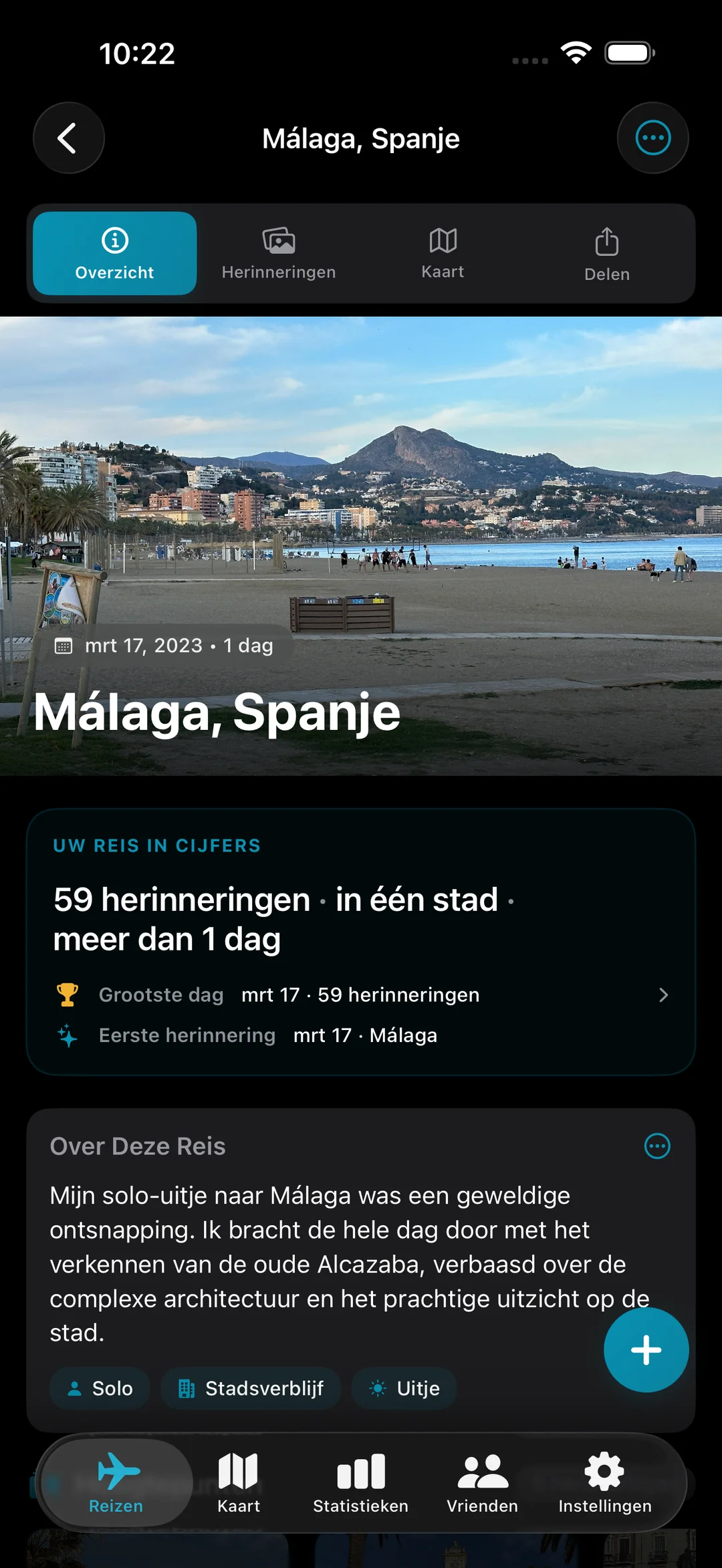 Reisoverzicht voor Málaga, Spanje met 59 herinneringen in één stad, met heldenfoto en Trip in Numbers-samenvatting