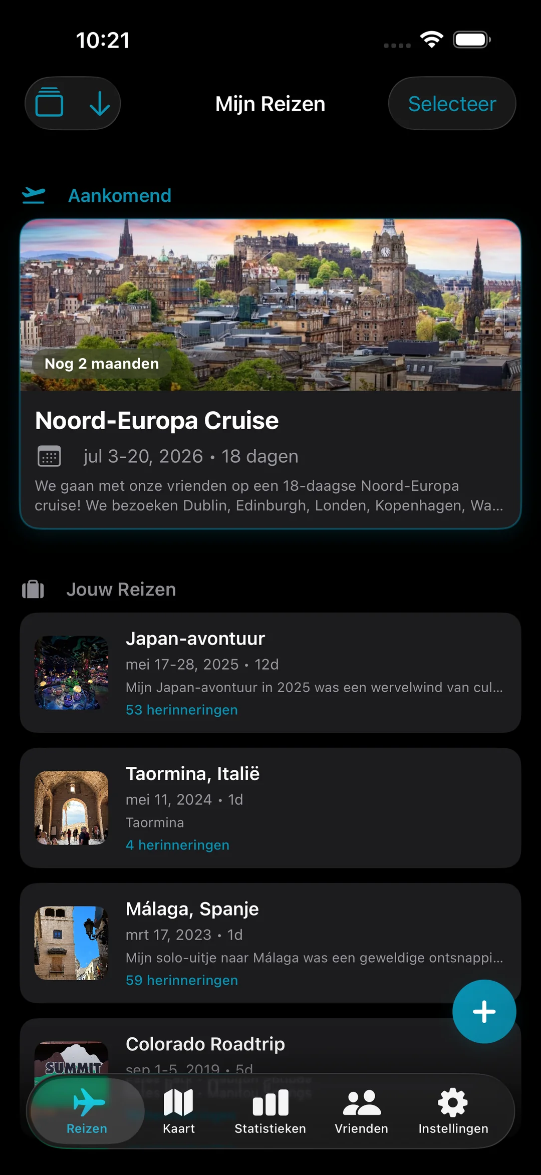 Mijn Trips-lijst met een aanstaande cruise in Noord-Europa en eerdere reizen naar Japan, Italië en Spanje