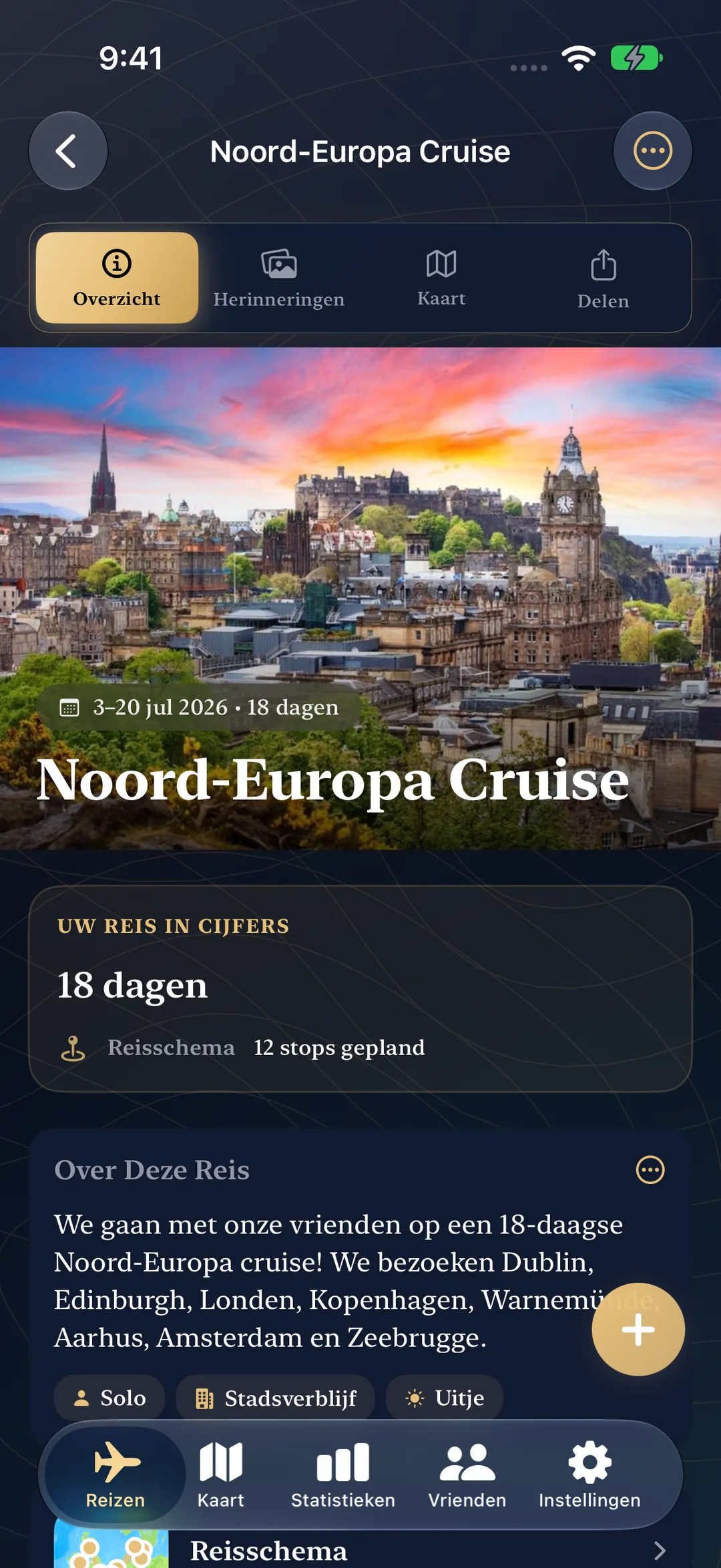 Een aankomende Noord-Europese cruise met de data, 18 dagen en 12 geplande stops