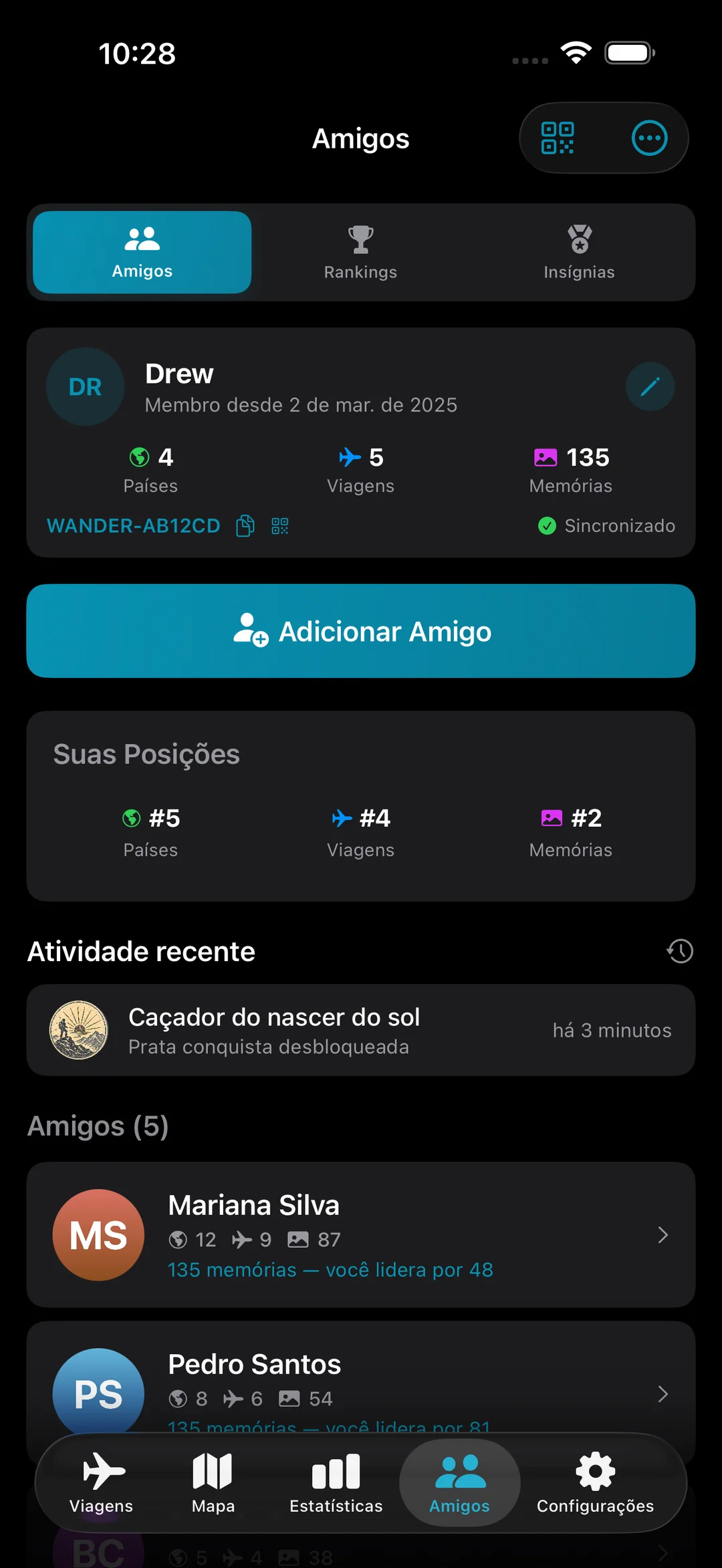 Perfil de amigos com classificações, atividades recentes de conquistas e viajantes conectados